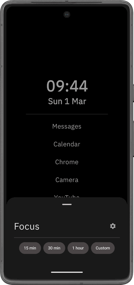 The Focus sheet open over the Whittle home screen, offering 15 minute, 30 minute, 1 hour and custom session lengths.