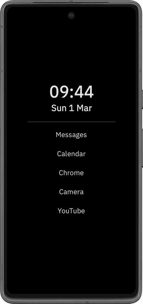 The Whittle home screen: a large clock, the date, a small weather reading and a short list of favourite apps on a black background.