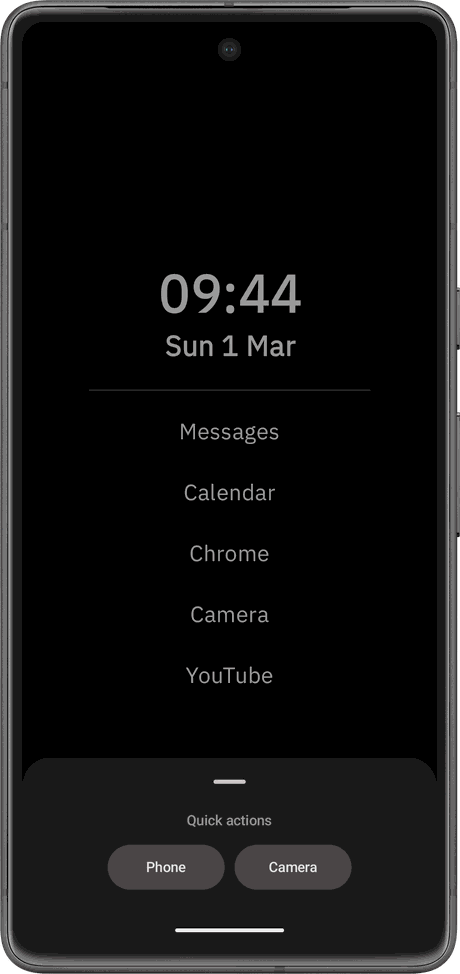 The Quick actions sheet open over the Whittle home screen, showing shortcut buttons for Phone and Camera.