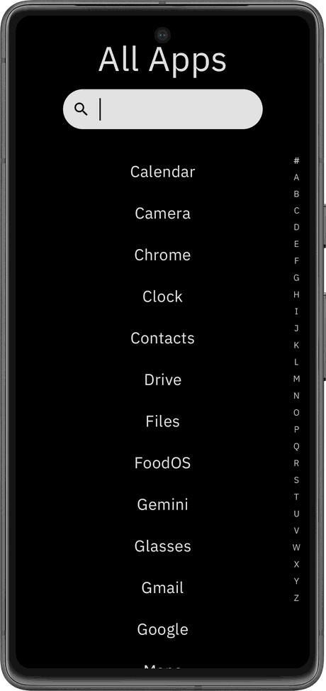 The Whittle app drawer titled All Apps, with a search field at the top, apps listed alphabetically and an A–Z index down the right edge.