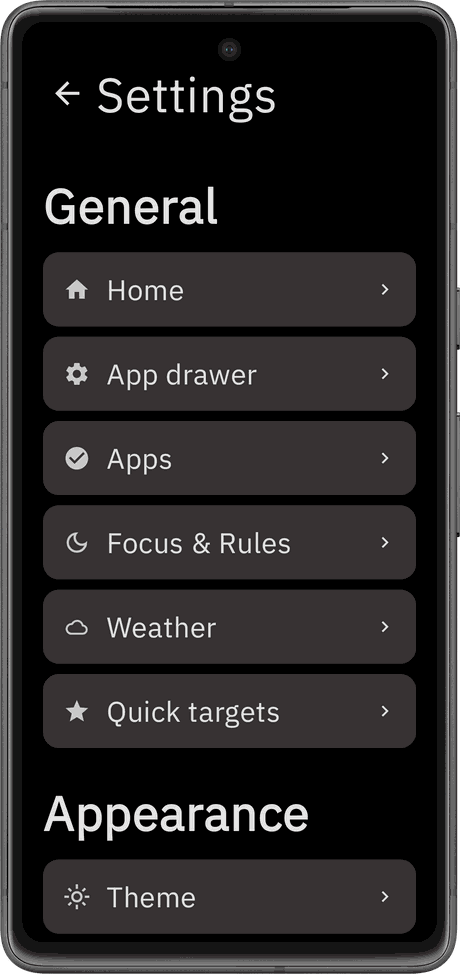 Whittle settings, listing Home, App drawer, Apps, Focus & Rules, Weather, Quick targets, Theme and font options as rounded rows.